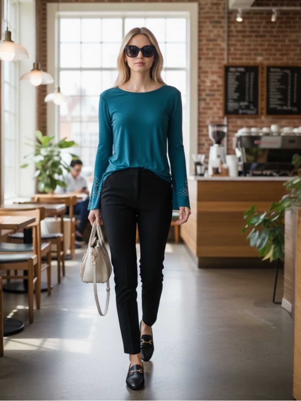 MICHAEL KORS RICH TEAL FLUTED LONG SLEEVE SHIRT WITH SILVER STUD DETAILS SZ LRG